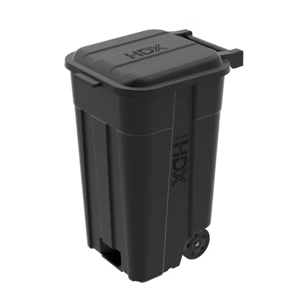 AUCT 15456 - 45 Gal. Black Outdoor Vented Trash Can with Wheels, Attached Lid
