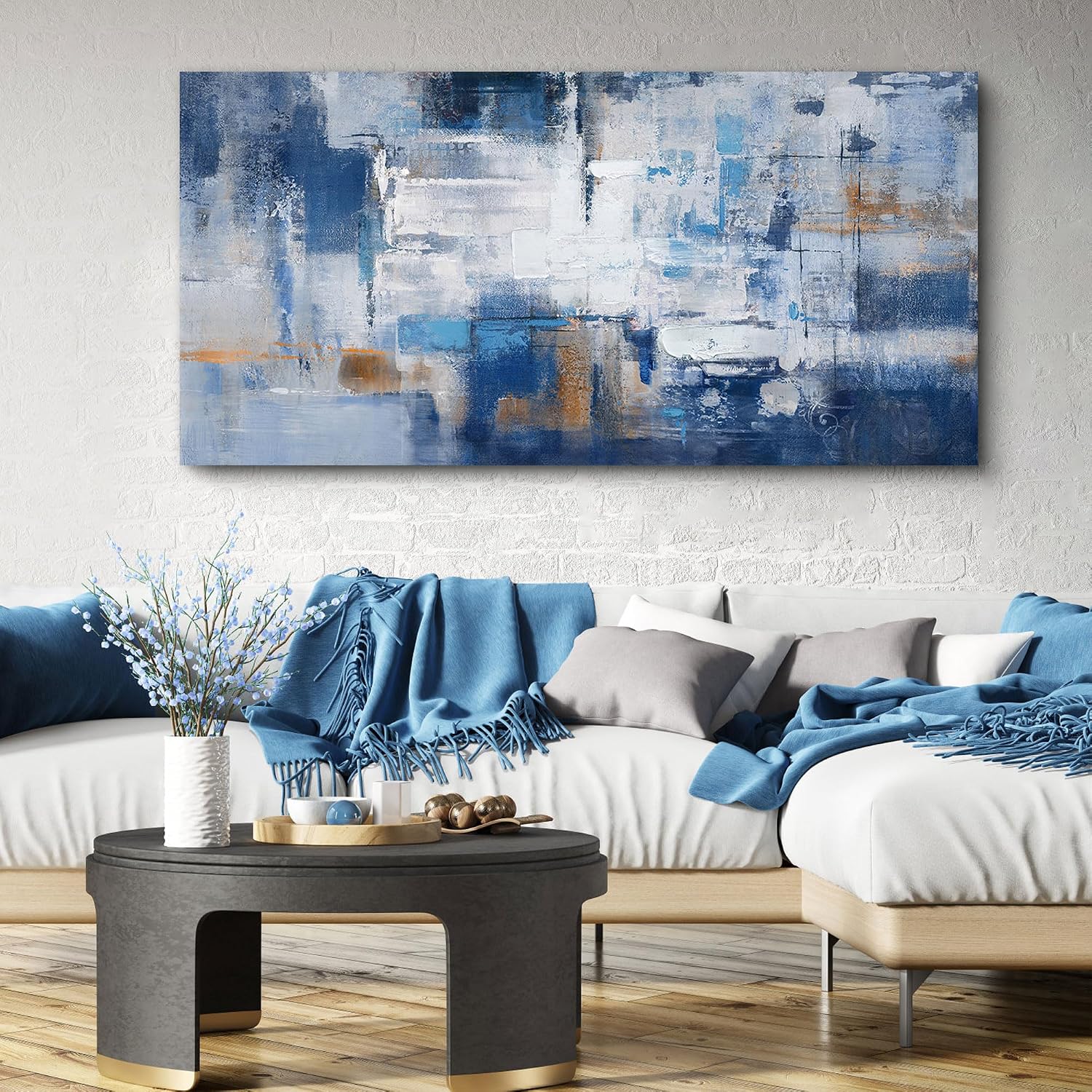 AUCT 16453 - $70 KLAKLA Navy Blue Wall Art - Modern Abstract Canvas Blue and White Picture Artwork for
