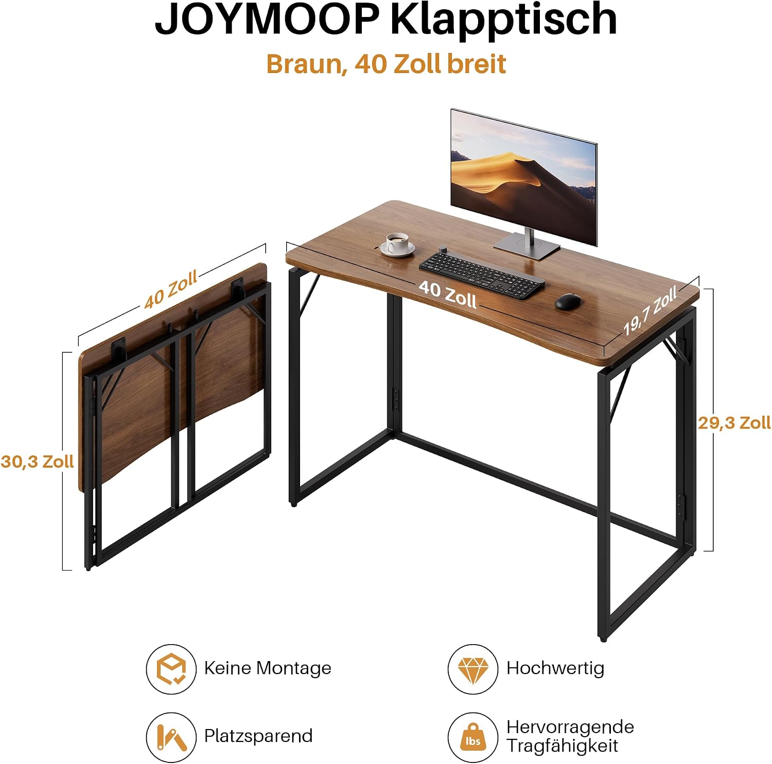 AUCT 15237 - $106 JOYMOOP 40" Folding Desk - Brown, No Assembly Middle Size Foldable Desk for Home, Off - Image 3