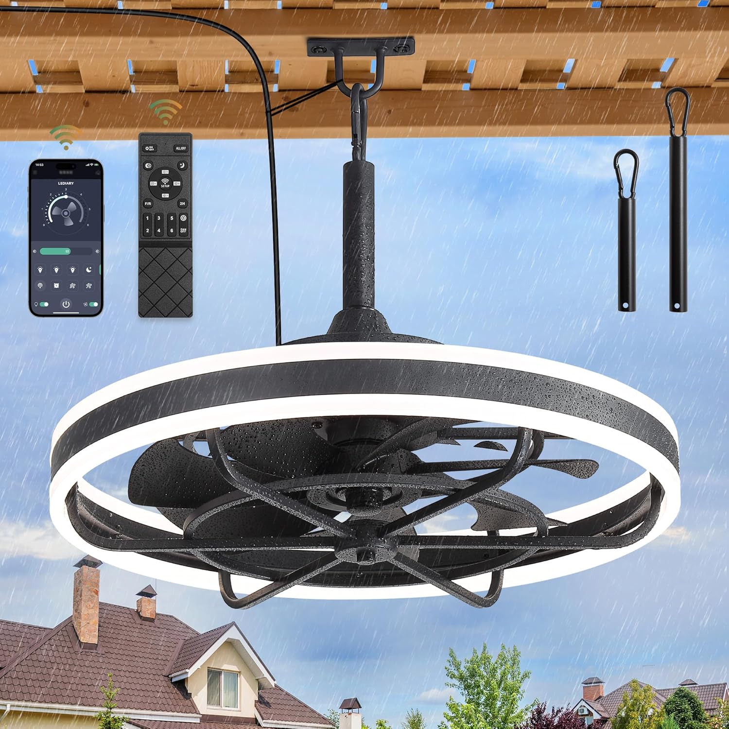 AUCT 16954 - $146 LEDIARY 24" Outdoor Ceiling Fans with Light, IP65 Waterproof Gazebo Fan | Outdoor Fan