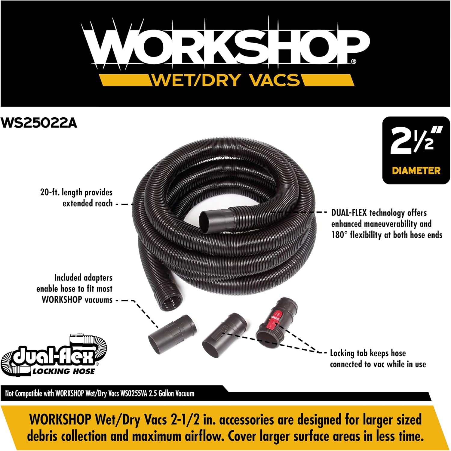 AUCT 16500 - WORKSHOP Wet/Dry Vacs WS25022A 2-1/2-in. x 20-ft. Locking Shop Vacuum Hose | Extra Long DU - Image 3