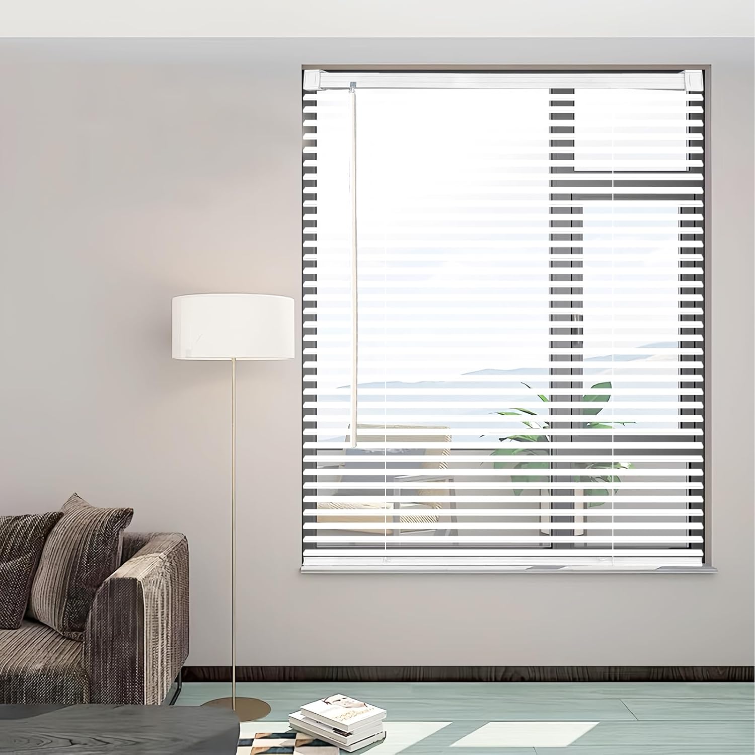 AUCT 16148 - Cordless Vinyl Mini L Blinds 47" W x 64" H, 1" Slat White Horizontal Windows L Blind for D