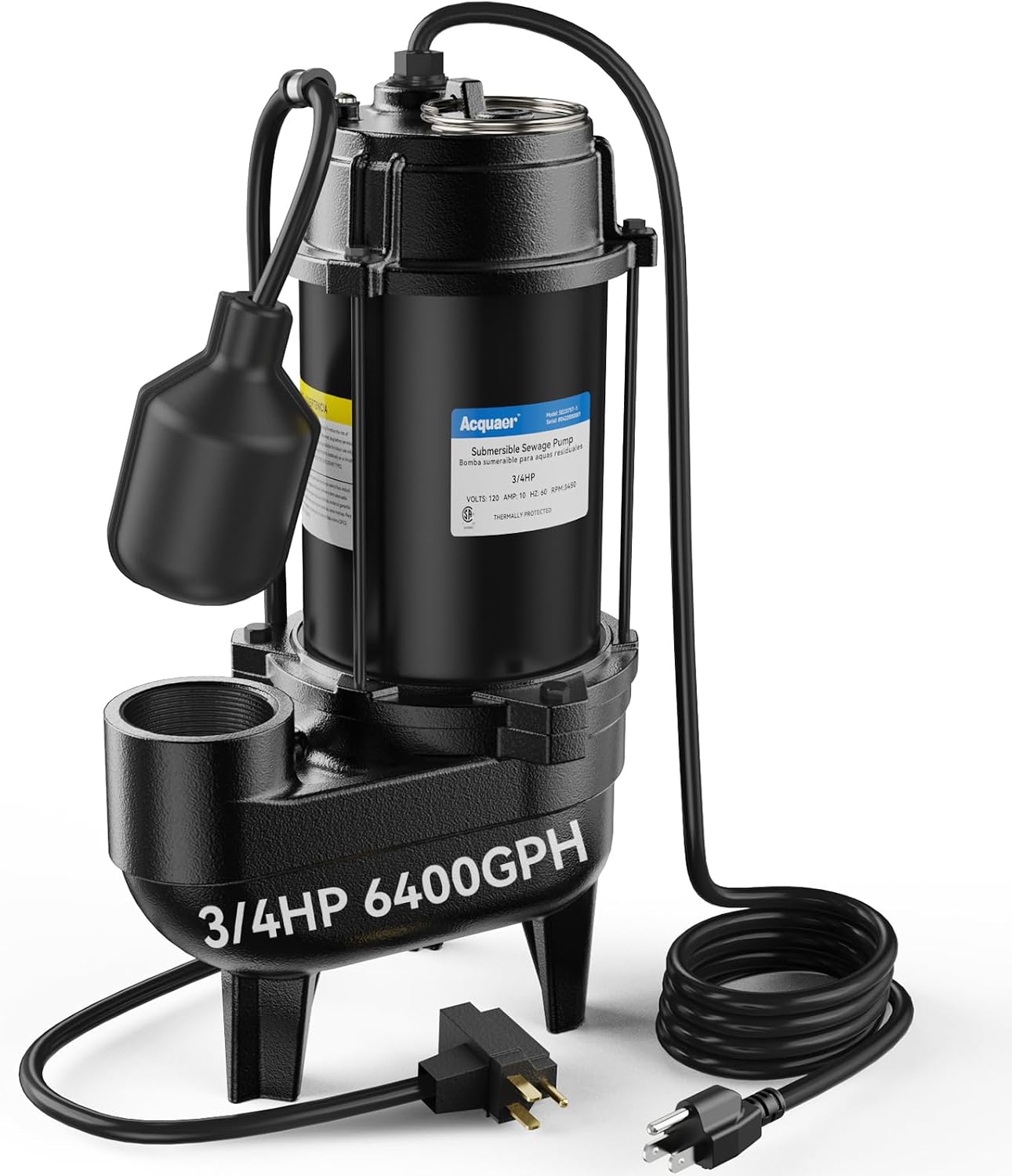 AUCT 16823 - $170 Acquaer 3/4HP Submersible Sewage Effluent Pump, Cast Iron, 115V 6400 GPH Automatic Te