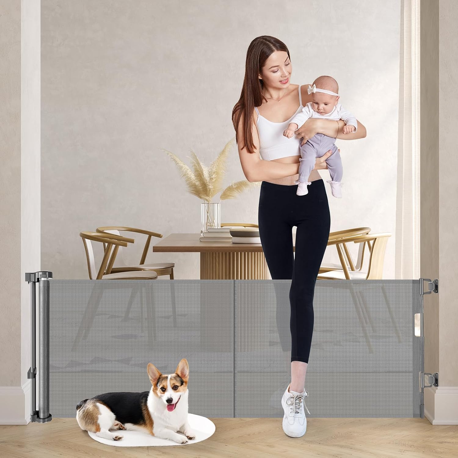 AUCT 17449 - Reinforced 24 Inch Tall Retractable Baby Gates, Short Dog Gates to Step Over, Expands 0-55