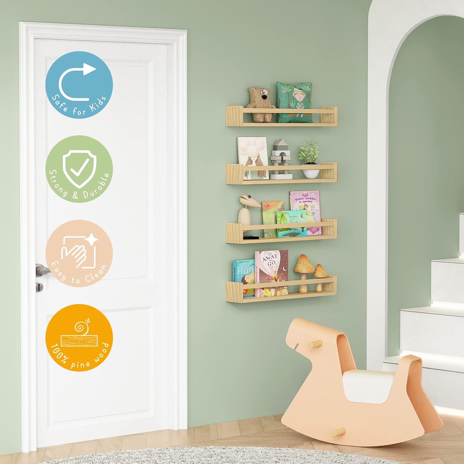 AUCT 14552 - Forbena Natural Wood Nursery Bookshelves for Wall, 24 Inches - Image 4