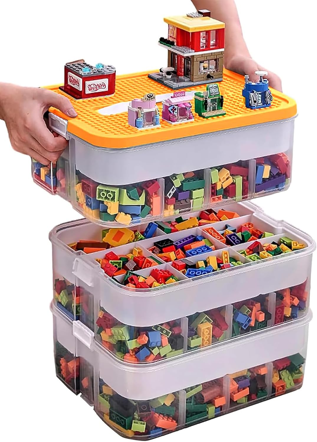 AUCT 17305 - Kids Toy Organizer for Lego Stackable Storage Compartments Bins With Base Plates Lids 3 Ti