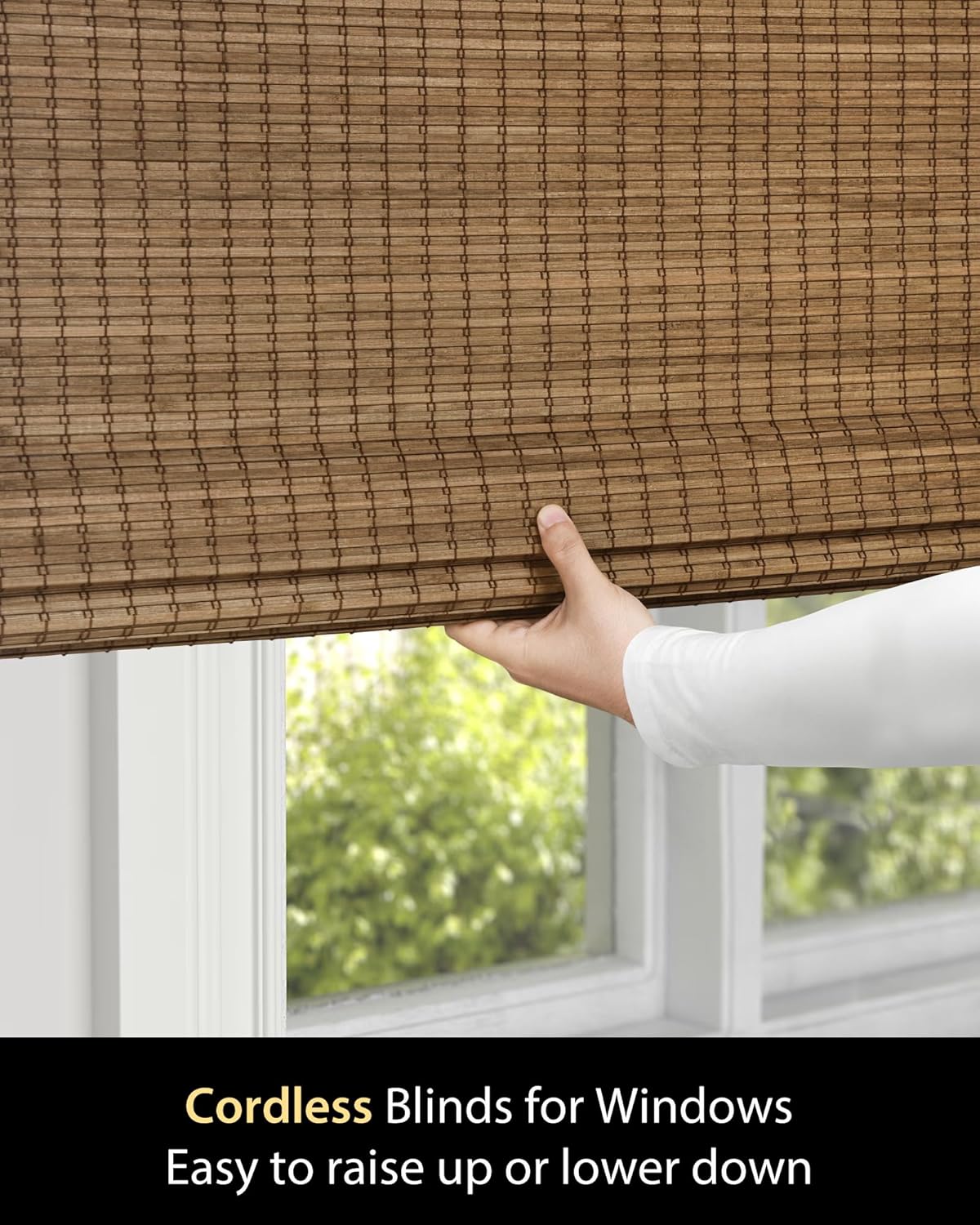 AUCT 16227 - $56 UNISHADES Cordless Bamboo Roman Shades, 46.5 48 in, Highfield Teak | Wide Bamboo Strip - Image 3