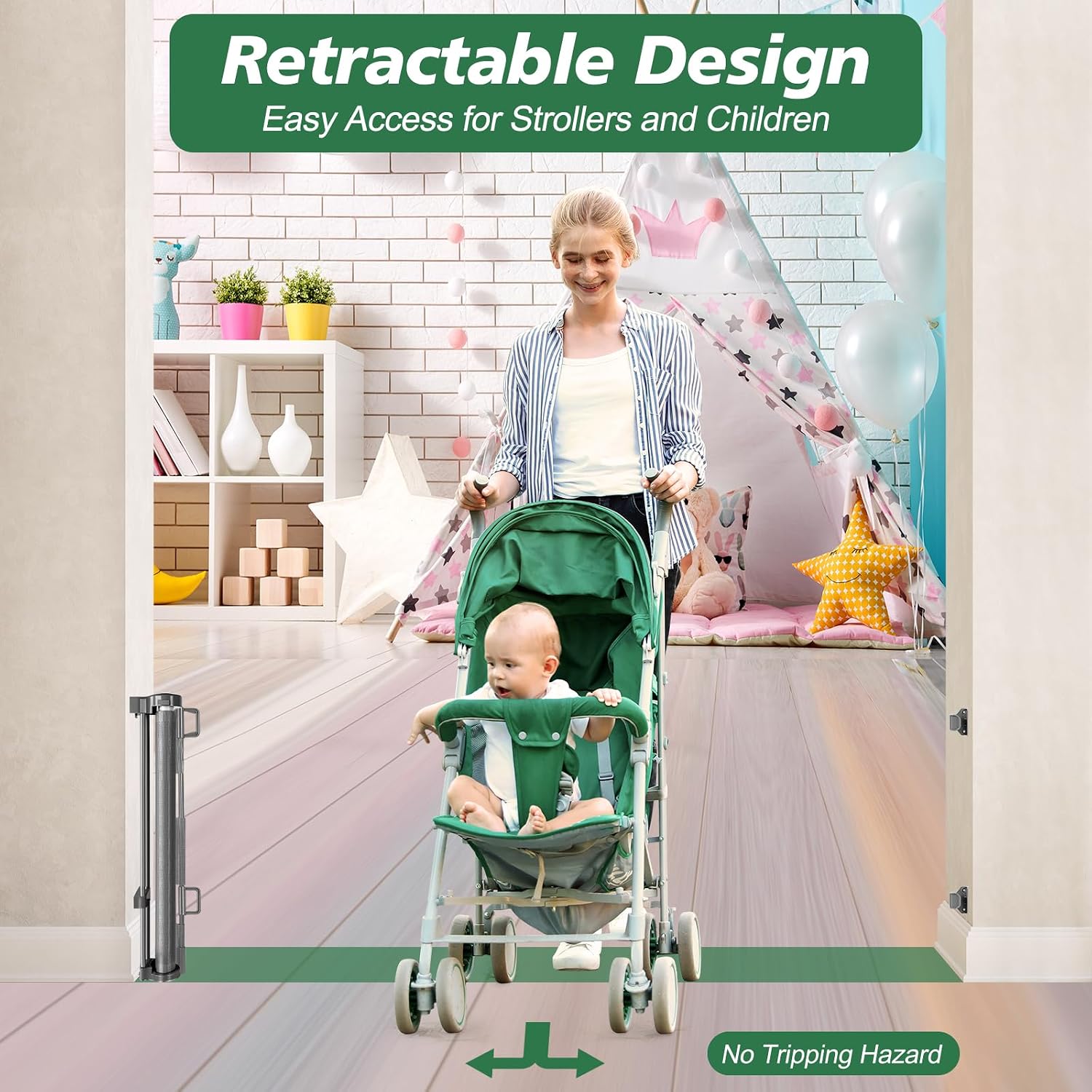 AUCT 17449 - Reinforced 24 Inch Tall Retractable Baby Gates, Short Dog Gates to Step Over, Expands 0-55 - Image 4