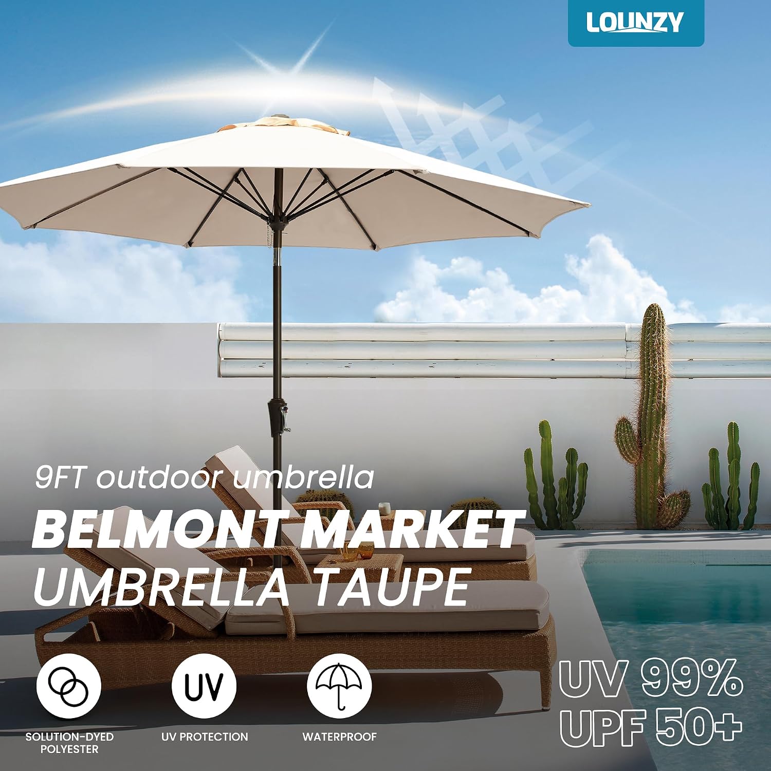 AUCT 16670 - $80 LOUNZY 9FT Large Outdoor Patio Umbrella Table Umbrella-UV Resistant,Easy Push Button T - Image 3