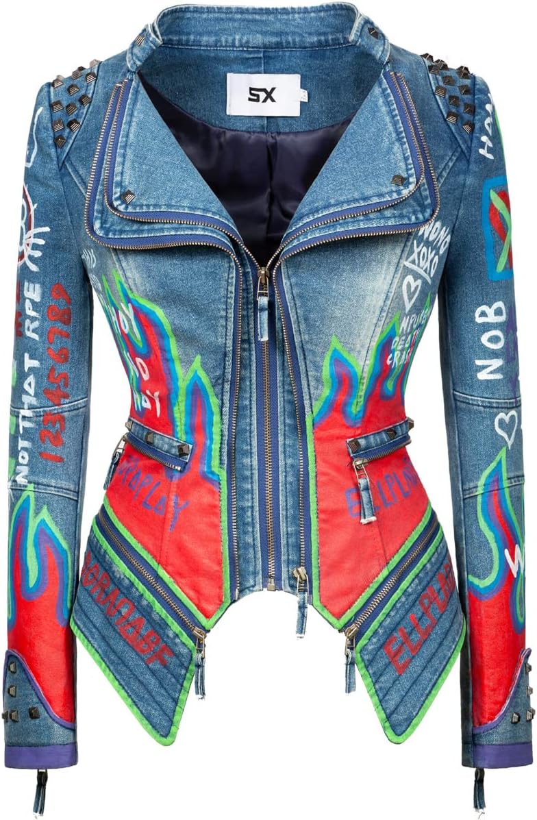 AUCT 17332 - $169 FUYUAN Women's fashion studs perfectly shaped artificial leather jacket graffiti punk