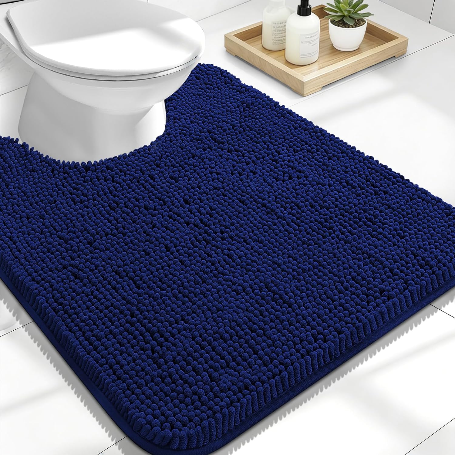 AUCT 17362 - OLANLY Toilet Rugs U-Shaped 24x20, Soft Absorbent Chenille Contour Rugs | Navy, Quick-Dryi