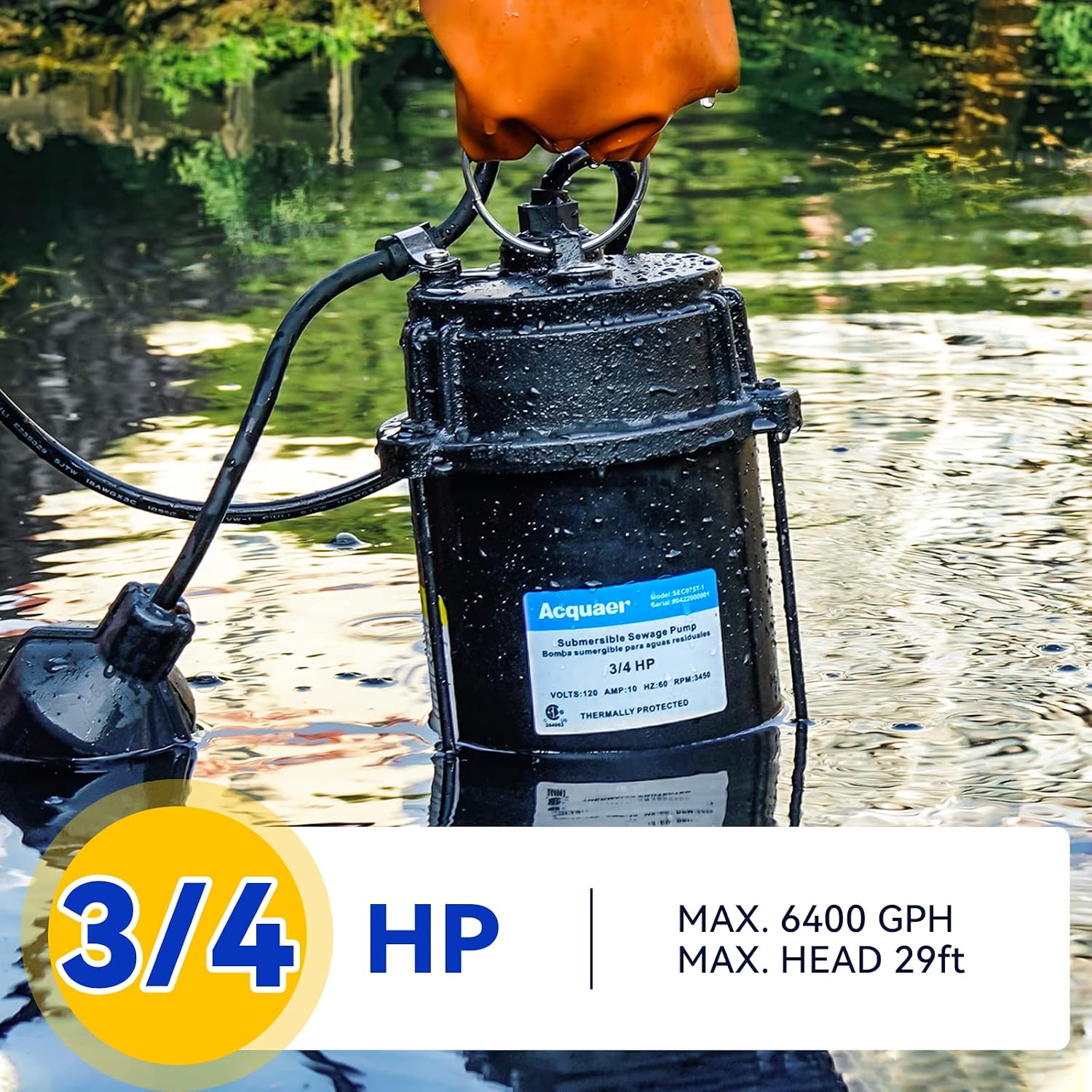 AUCT 16823 - $170 Acquaer 3/4HP Submersible Sewage Effluent Pump, Cast Iron, 115V 6400 GPH Automatic Te - Image 2