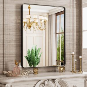 AUCT 14606m - $90 JISOSO Black Bathroom Mirror, 20x30 Inch Rounded Rectang