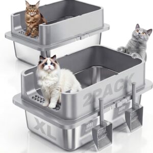 AUCT 15589 - $65 Jotesnew 2 Pack XL Stainless Steel Cat Litter Box with Lid and High Sides, 24" L x 16"