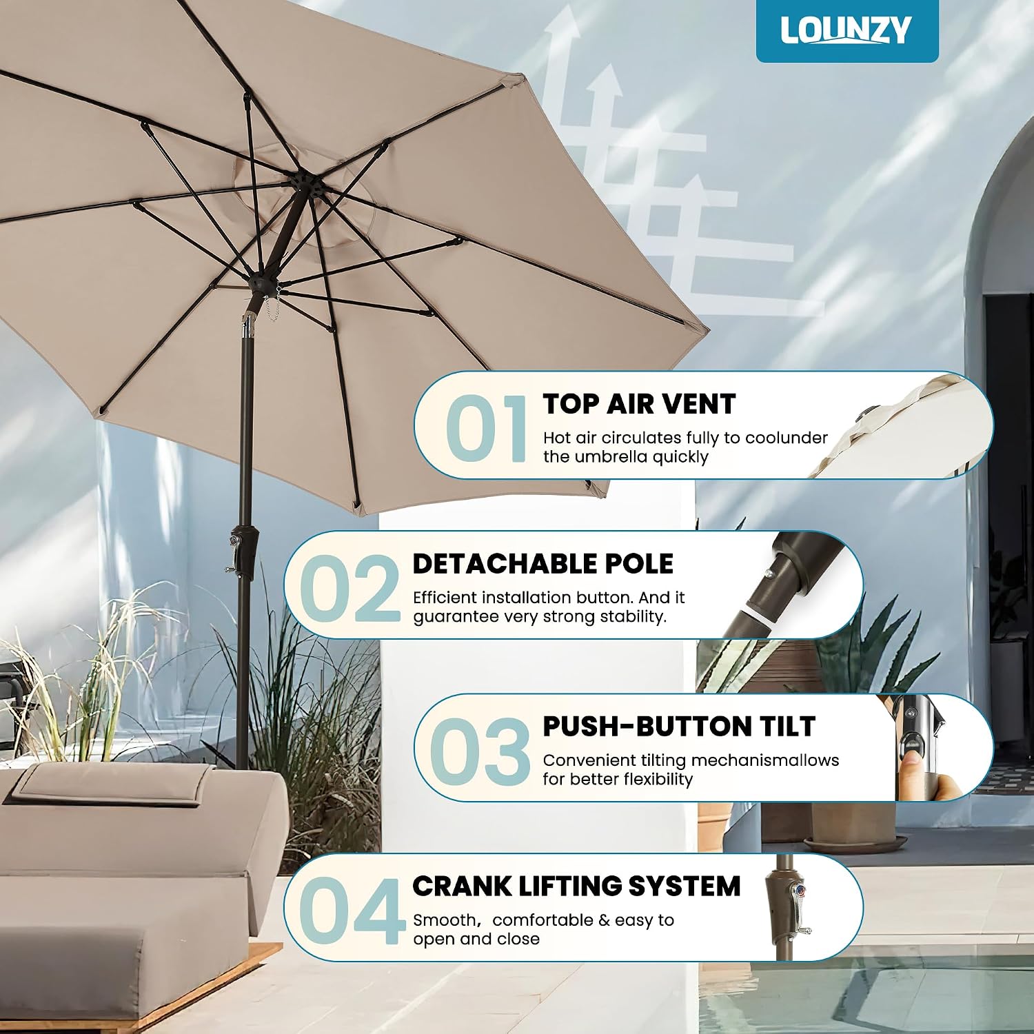 AUCT 16670 - $80 LOUNZY 9FT Large Outdoor Patio Umbrella Table Umbrella-UV Resistant,Easy Push Button T - Image 2