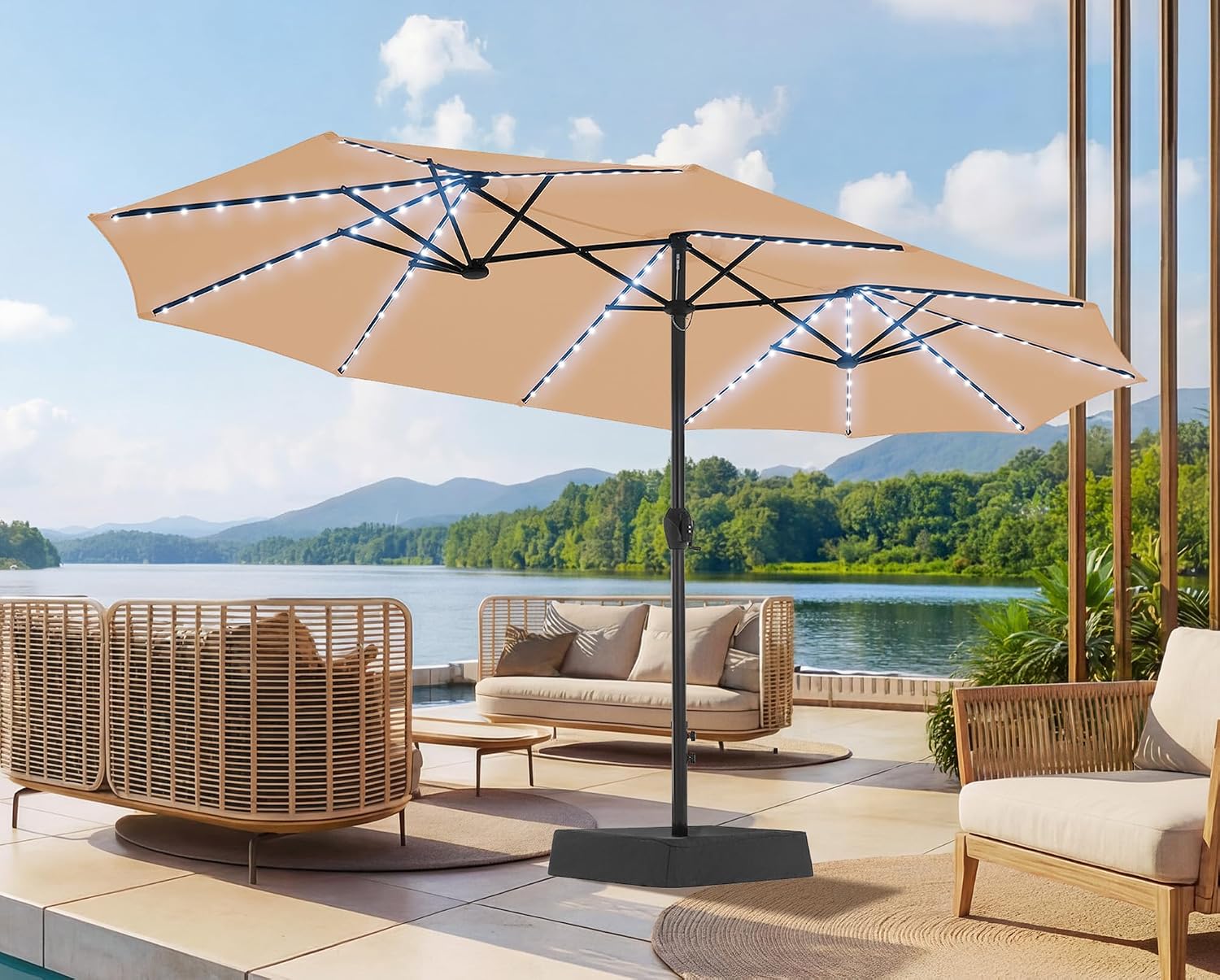 AUCT 16537 - $160 SUPERJARE 15ft Large Patio Umbrella with Base included, Double Sided Outdoor Umbrella