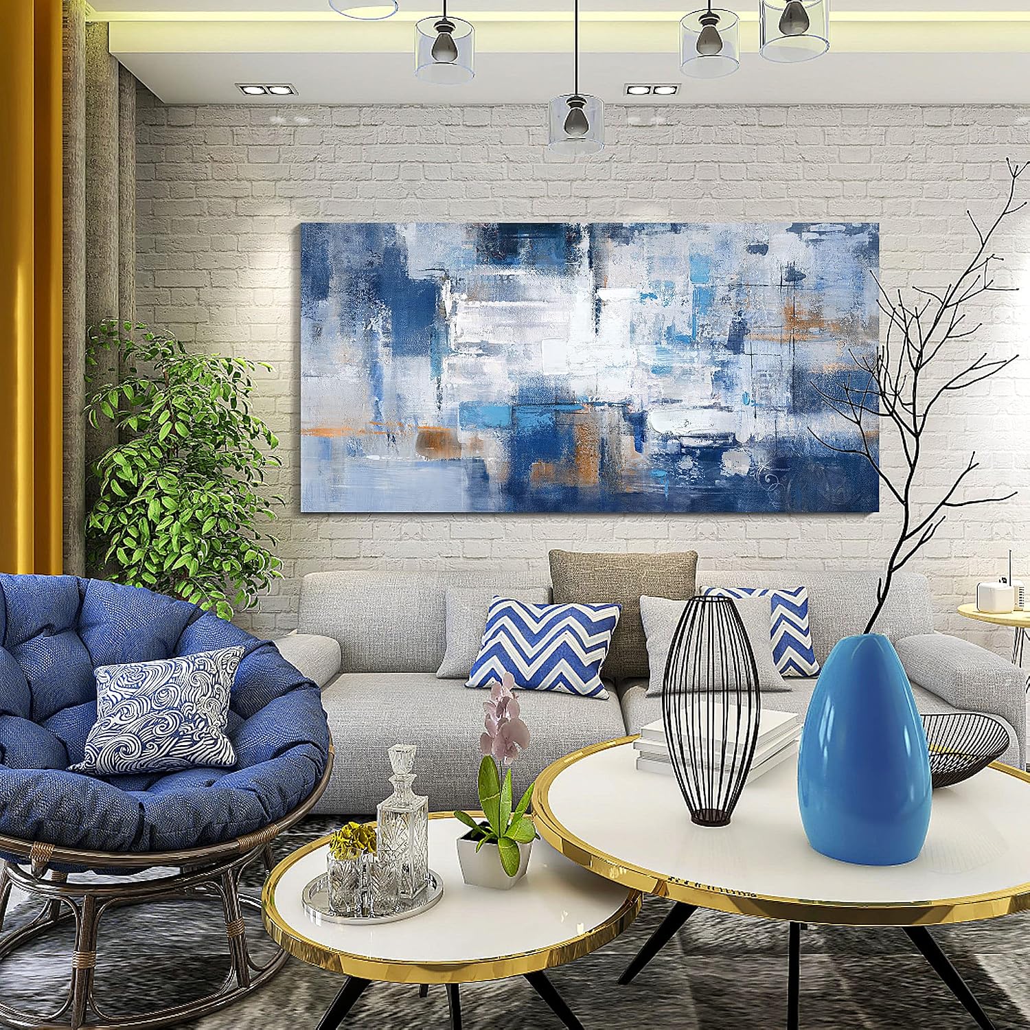 AUCT 16453 - $70 KLAKLA Navy Blue Wall Art - Modern Abstract Canvas Blue and White Picture Artwork for - Image 2