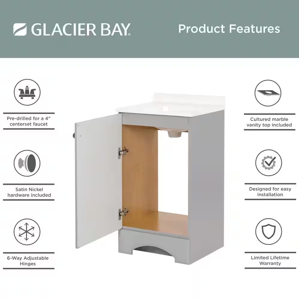 AUCT 14513 - $129 19 in. Single Sink Pearl Gray Bath Vanity with White Cu - Image 3