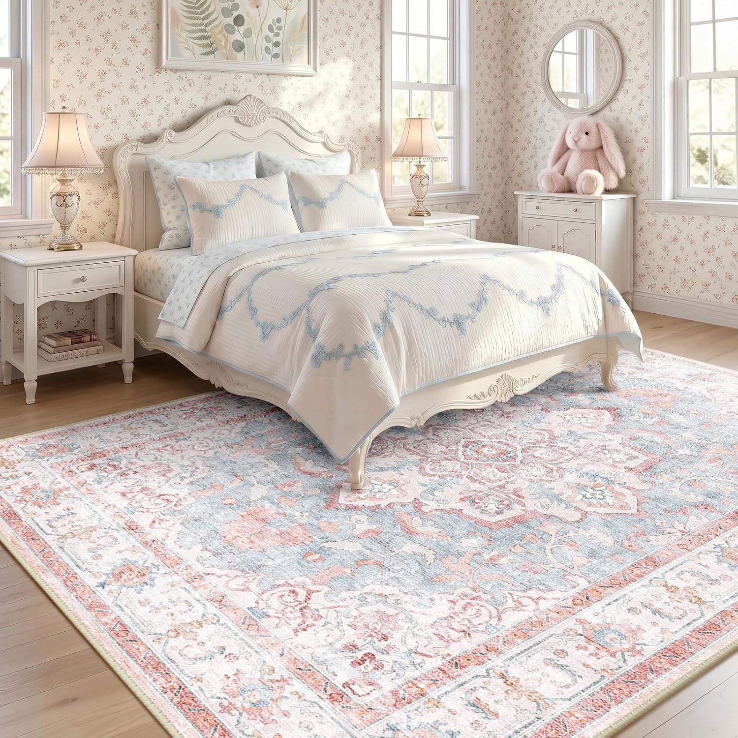 AUCT 17234 - $90 CAPALOCA 6x9 Washable Nursery Girls Low Pile Area Rug Pink Blue | Non-Slip Soft Rugs f