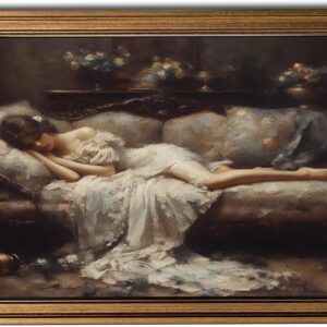 AUCT 14712 - Gold Framed Wall Art Vintage Canvas Wall Art Tired Woman Moo