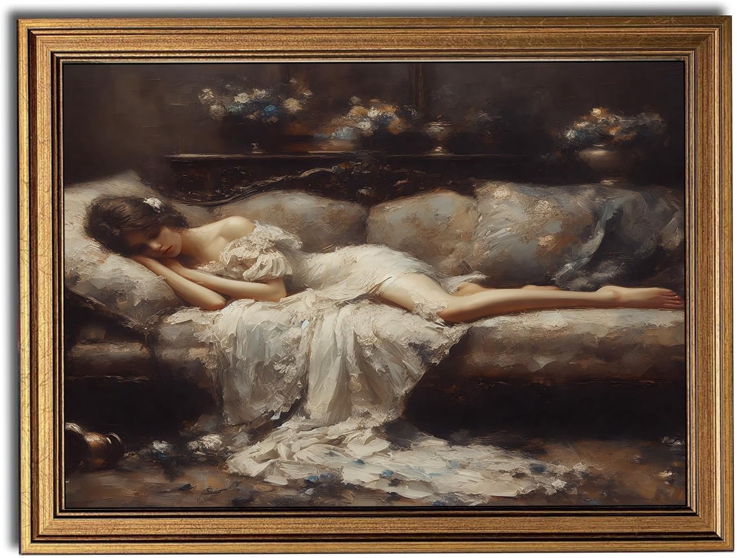 AUCT 14712 - Gold Framed Wall Art Vintage Canvas Wall Art Tired Woman Moo