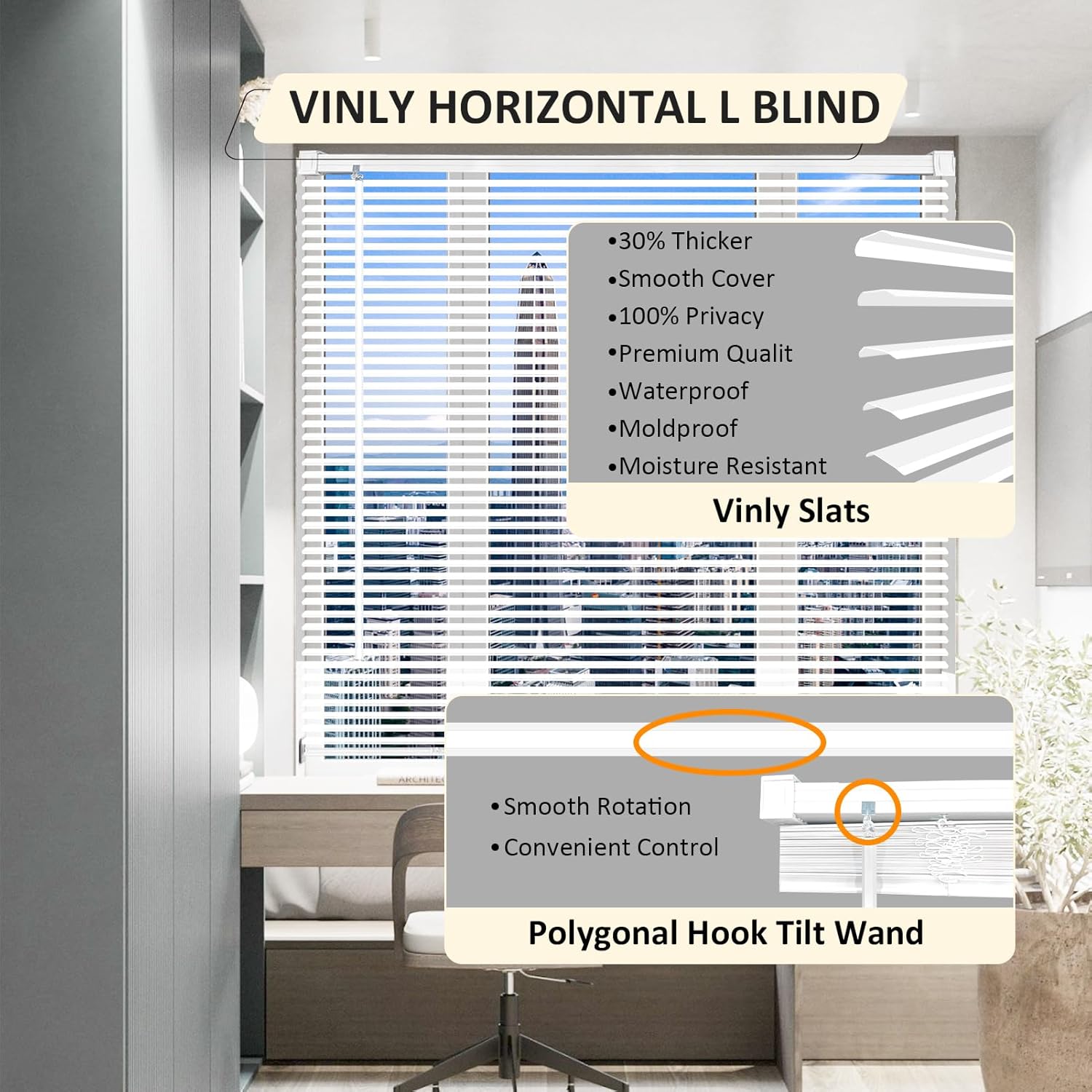 AUCT 16148 - Cordless Vinyl Mini L Blinds 47" W x 64" H, 1" Slat White Horizontal Windows L Blind for D - Image 2