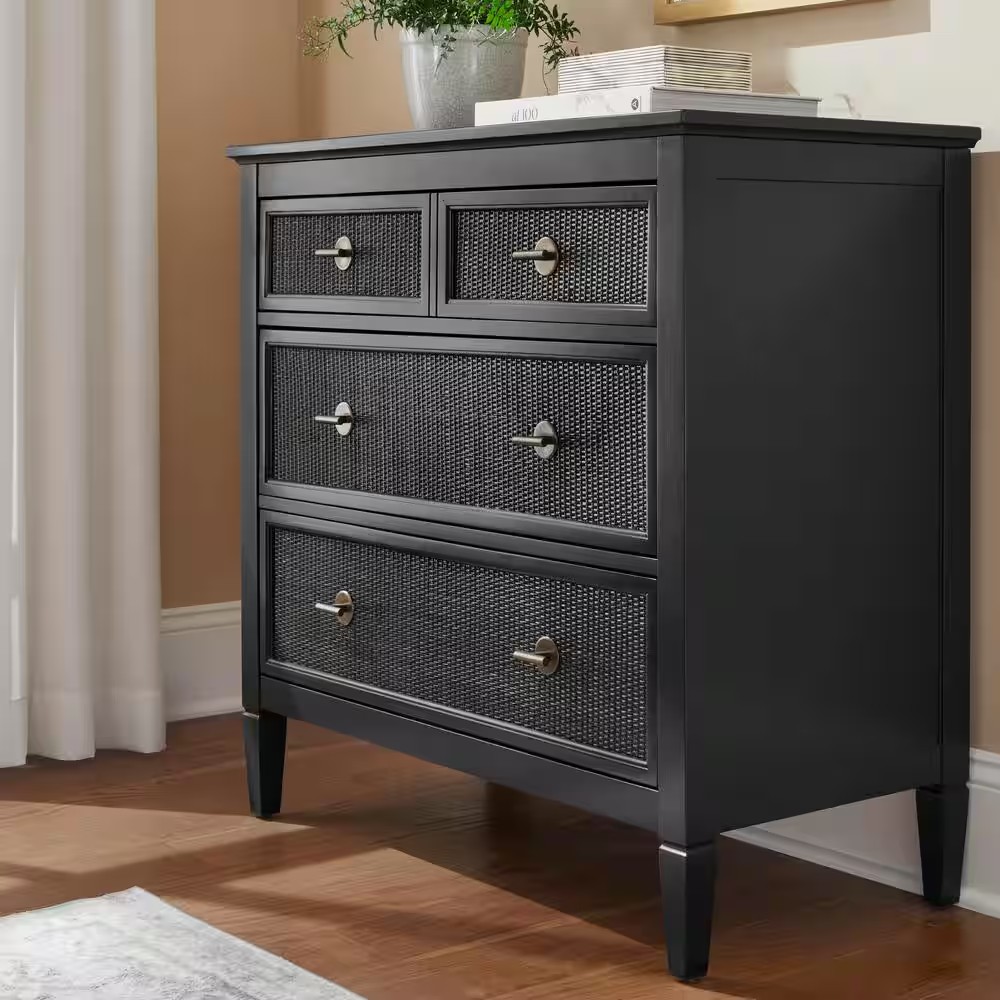 AUCT 14817 - $472 Marsden Black 3-Drawers 38 in. Cane Chest of Drawers