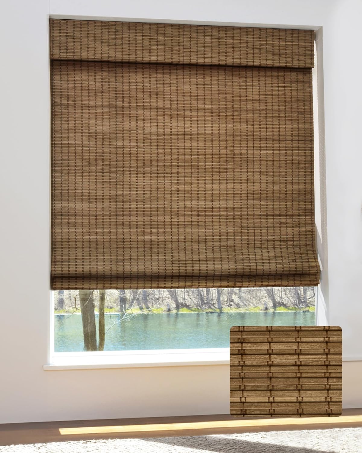 AUCT 16227 - $56 UNISHADES Cordless Bamboo Roman Shades, 46.5 48 in, Highfield Teak | Wide Bamboo Strip