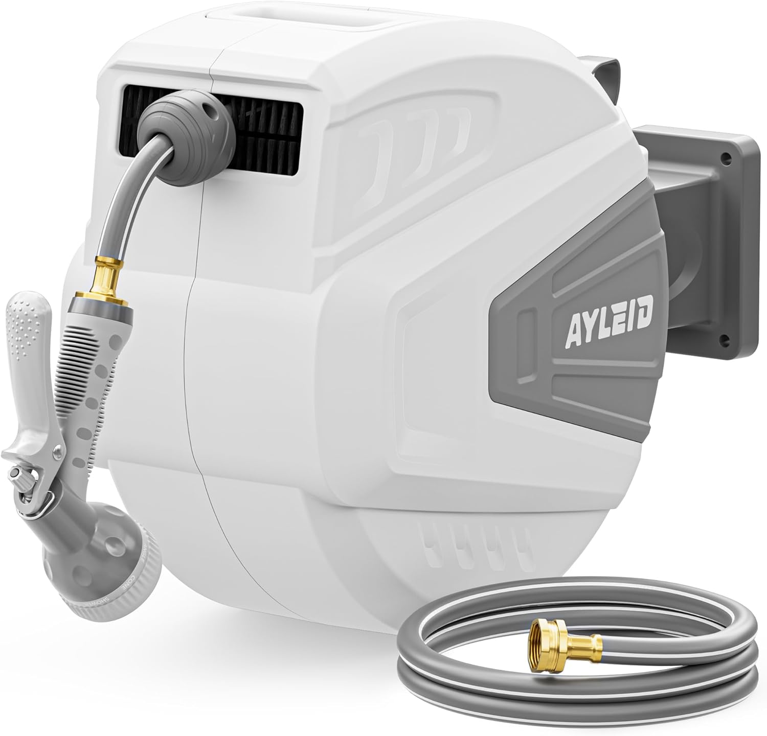 AUCT 15653 - $130 Ayleid Retractable Rubber Hybrid Garden Hose Reel, 1/2"x100ft Wall Mount | Anti-freez