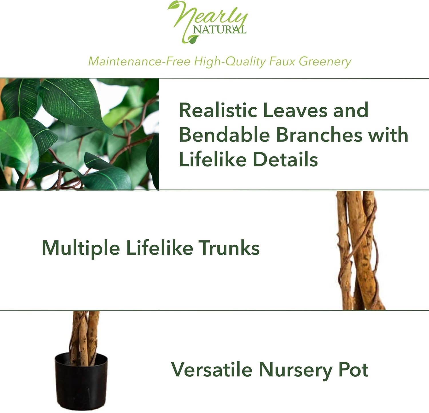 AUCT 15667 - Nearly Natural 4ft Triple Trunk Ficus Silk Tree with Natural Wood Trunks and Dense Foliage - Image 3