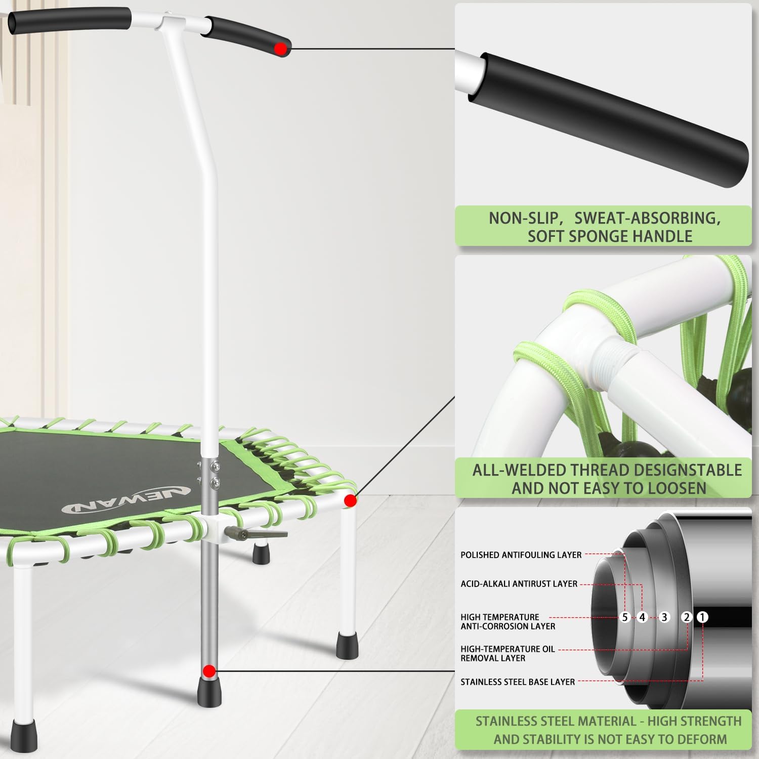 AUCT 15369 - $104 Newan 48' Fitness Trampoline with Adjustable Handle Bar, Silent Trampoline Bungee Reb - Image 2