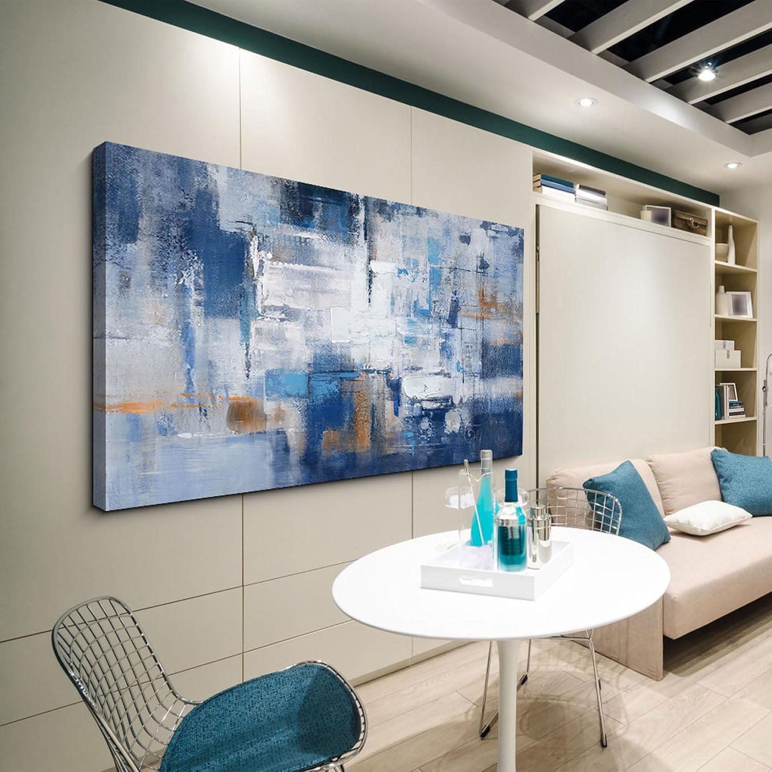 AUCT 16453 - $70 KLAKLA Navy Blue Wall Art - Modern Abstract Canvas Blue and White Picture Artwork for - Image 3