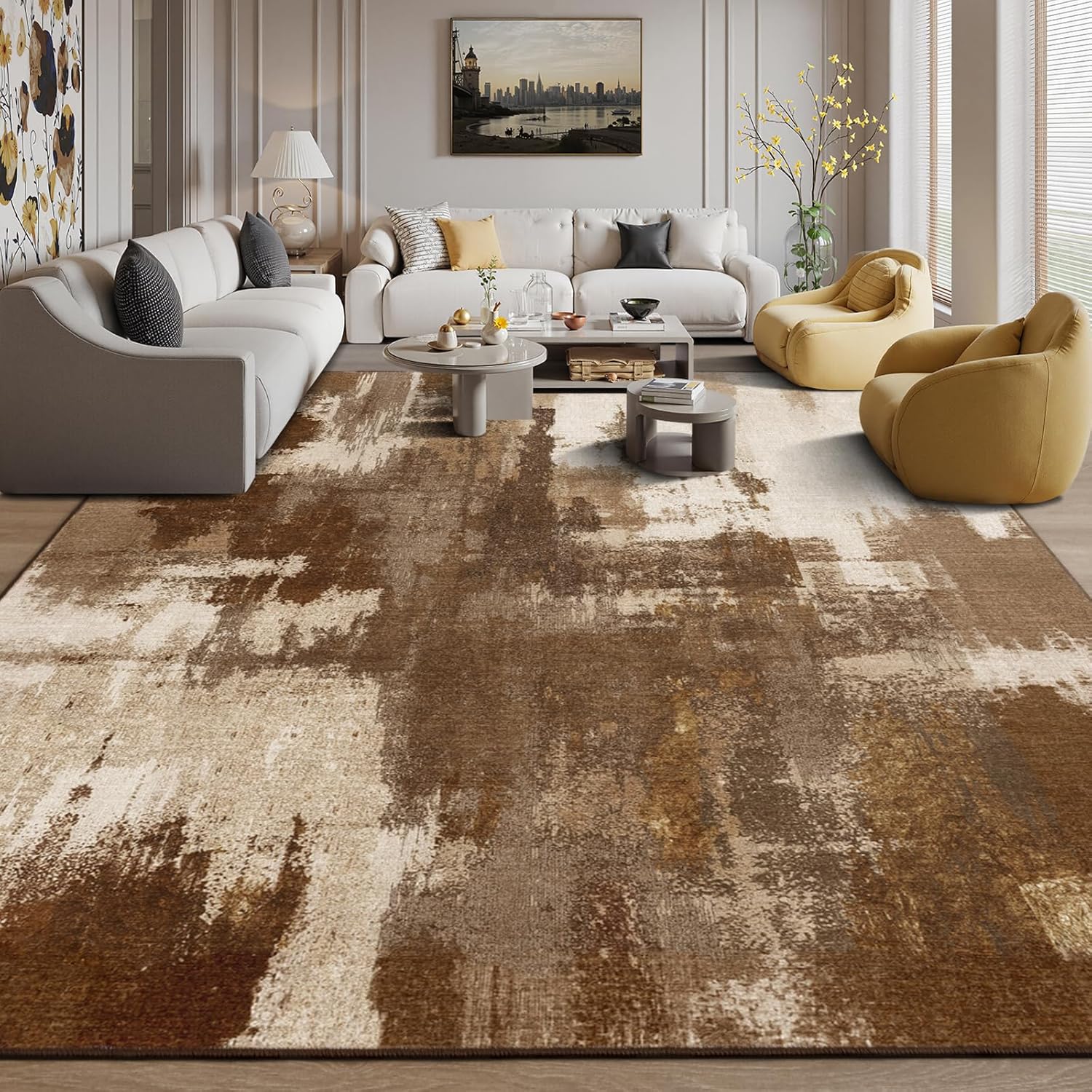 AUCT 16960 - $162 Kelarea Living Room Rug, 10x14 Rug Modern Abstract Washable Rugs, Brown Vintage Low P