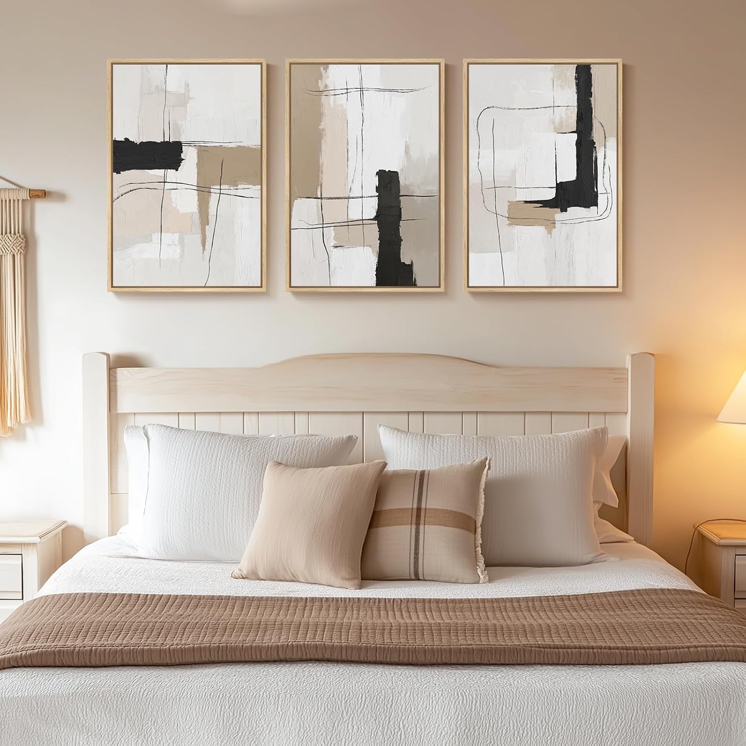 AUCT 16110 - $80 Framed Neutral Abstract Wall Art Set of 3, Modern Black and White Beige Canvas Prints - Image 2