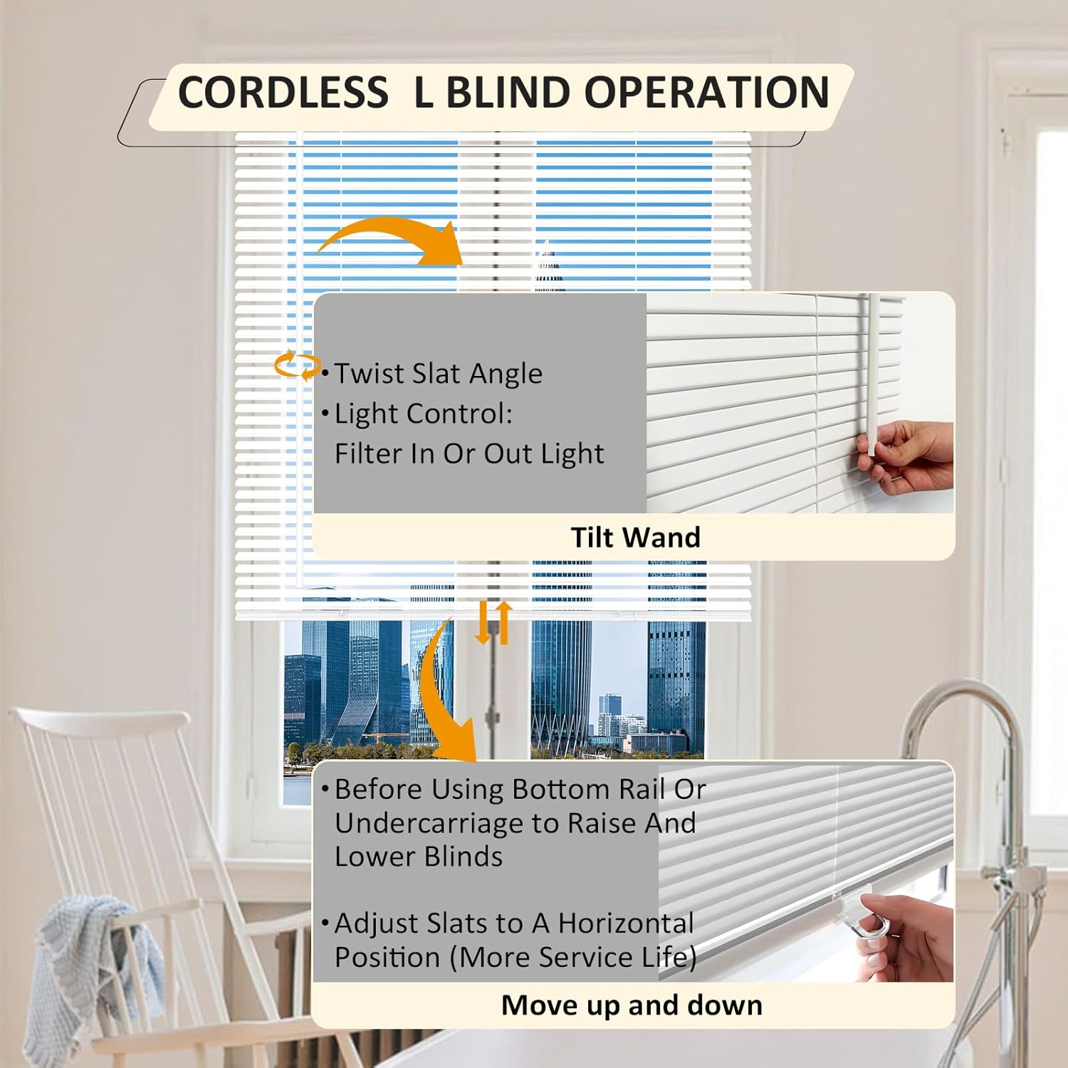 AUCT 16148 - Cordless Vinyl Mini L Blinds 47" W x 64" H, 1" Slat White Horizontal Windows L Blind for D - Image 3