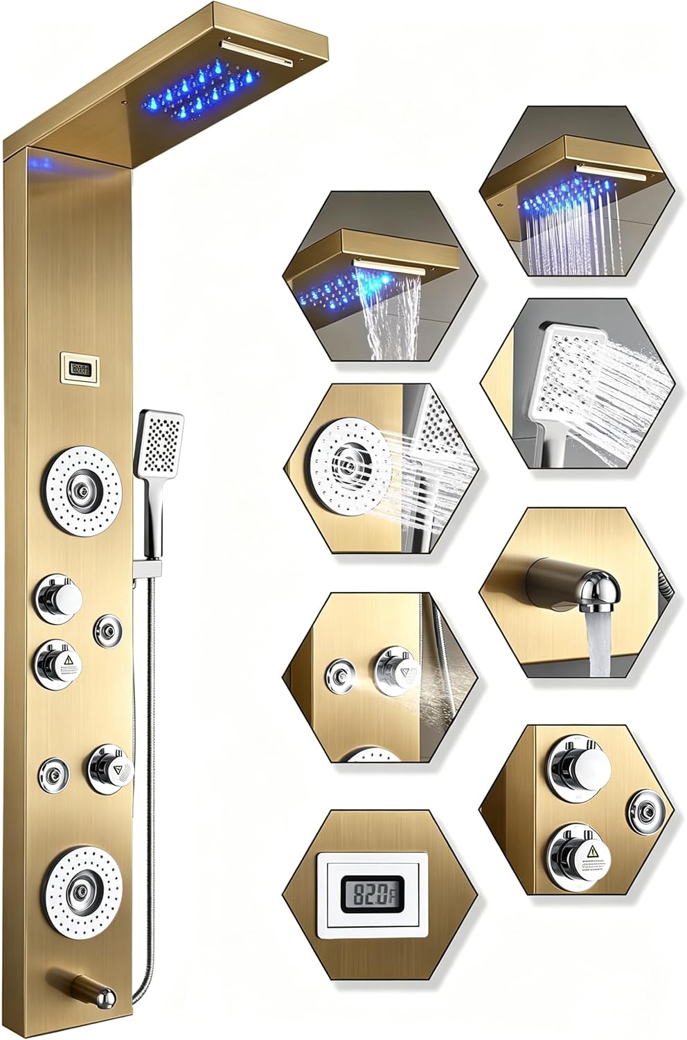 AUCT 16970 - $250 ELLO&ALLO Stainless Steel Shower Panel Tower System,LED Rainfall Waterfall Shower Hea