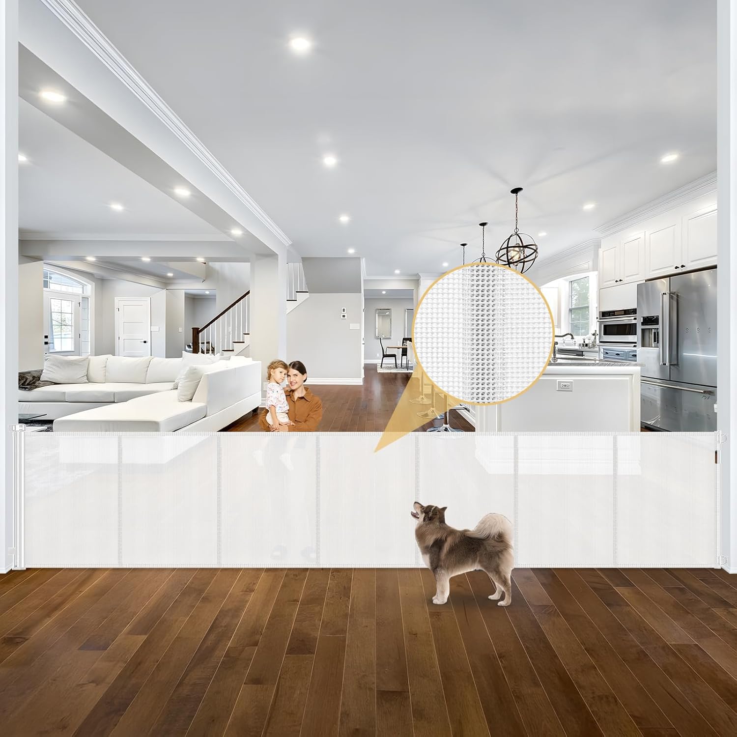 AUCT 16810 - $129 Reinforced 42" Tall x 195" Extra Wide Retractable Baby Gate with Support Rods - Preve