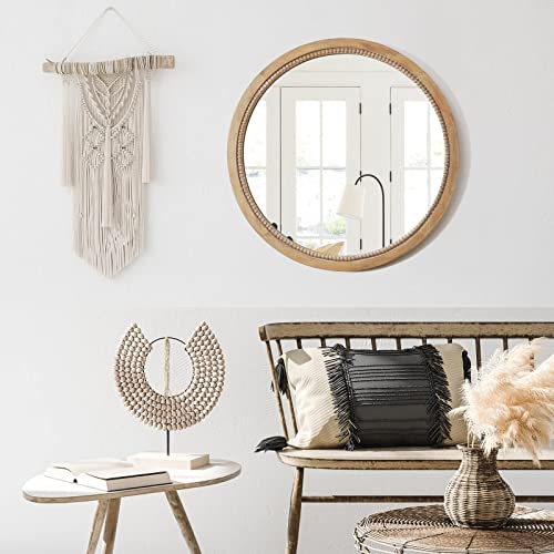 AUCT 19177m - $70 Round Wood Mirror,24" Circle Farmhouse Vanity Boho Bathroom Wall Mirrors - Image 3