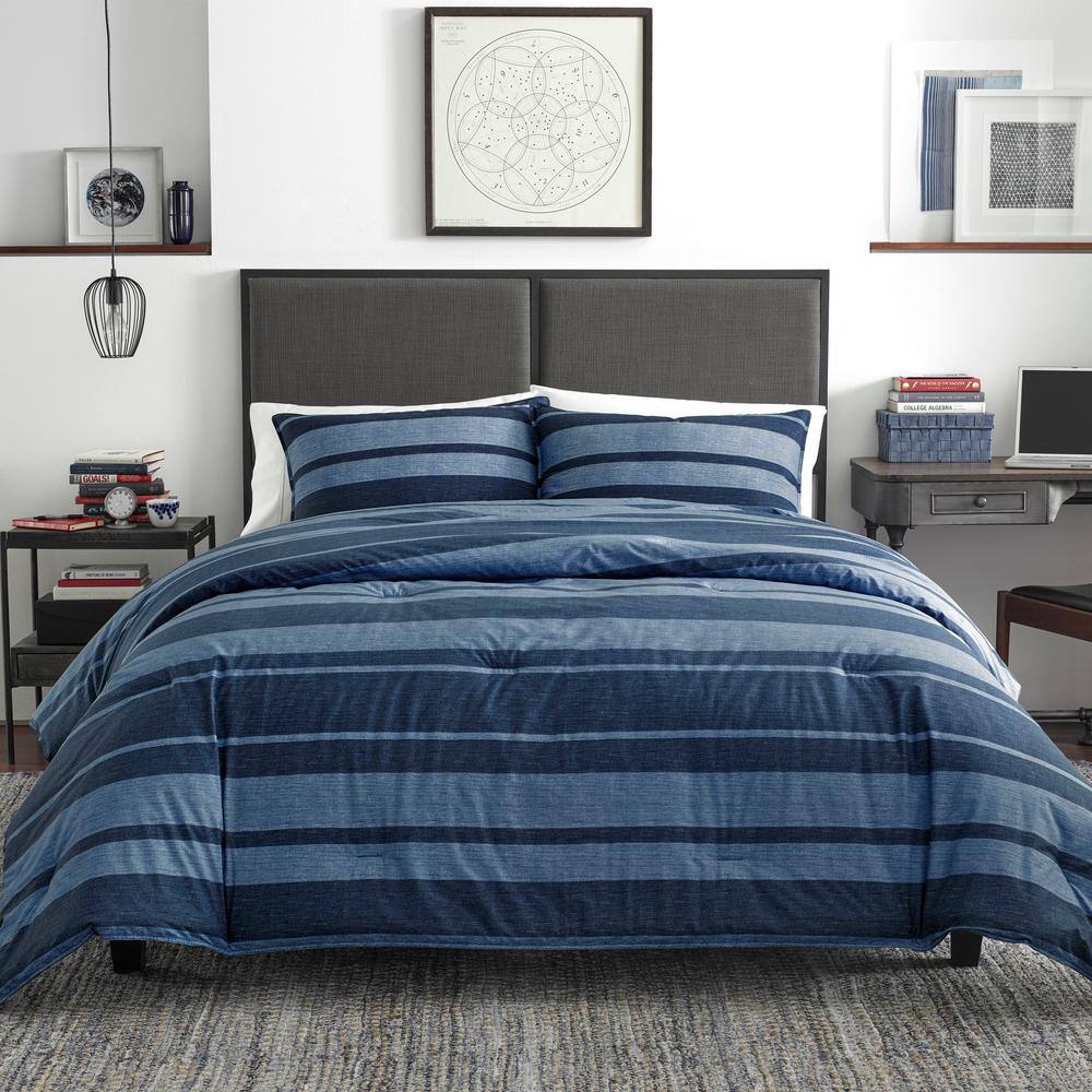 AUCT 17713 - $75 Long point 2-Piece Navy Blue Striped Cotton Twin/Twin X L Comforter Set - Image 4