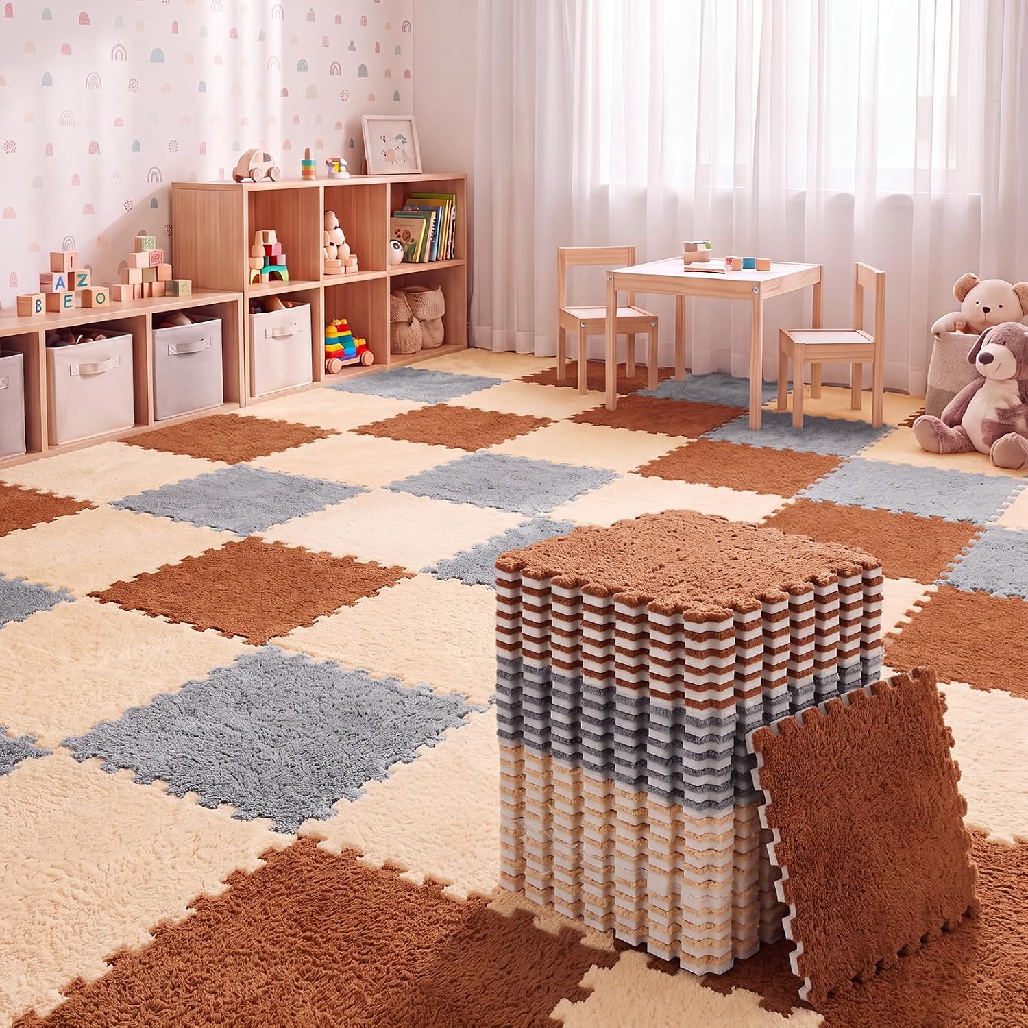 AUCT 18367 - $75 36 Pack Plush Foam Floor Mat Square Interlocking Carpet Tiles with Border Fluffy Play
