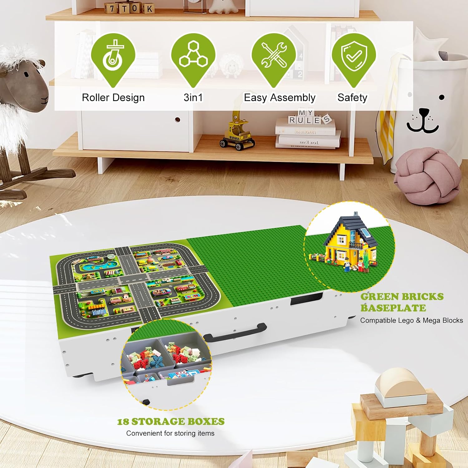 AUCT 18980 - $104 3 in 1 Lego Table with Storage,Wooden Kids Activity Table Compatible with Lego and Bu - Image 2