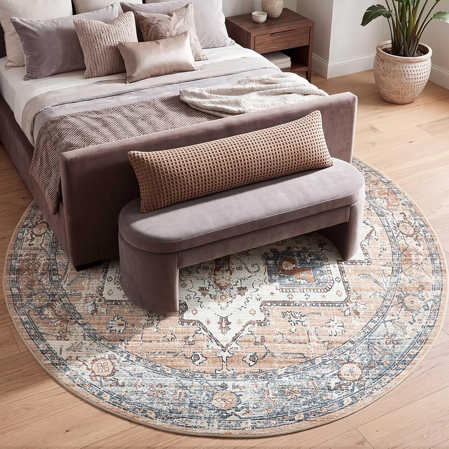 AUCT 18418 - $140 jinchan 8ft Round Rug Vintage Medallion Washable Area Rug, Blue/Orange | Vintage Roun - Image 3