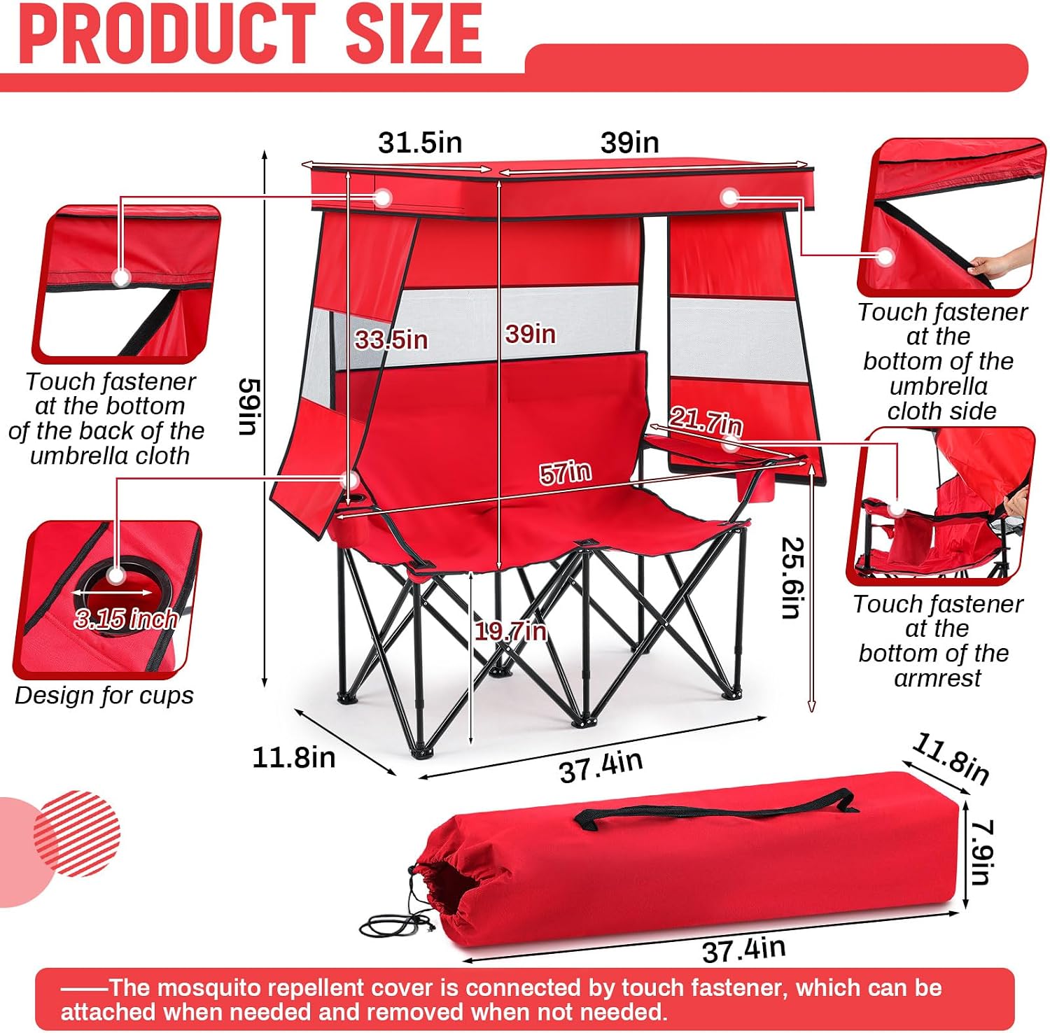 AUCT 17794 - $67 Double Camping Chair with Shade Canopy, 2 Person Beach Chair with Cup Holder Carrying - Image 2