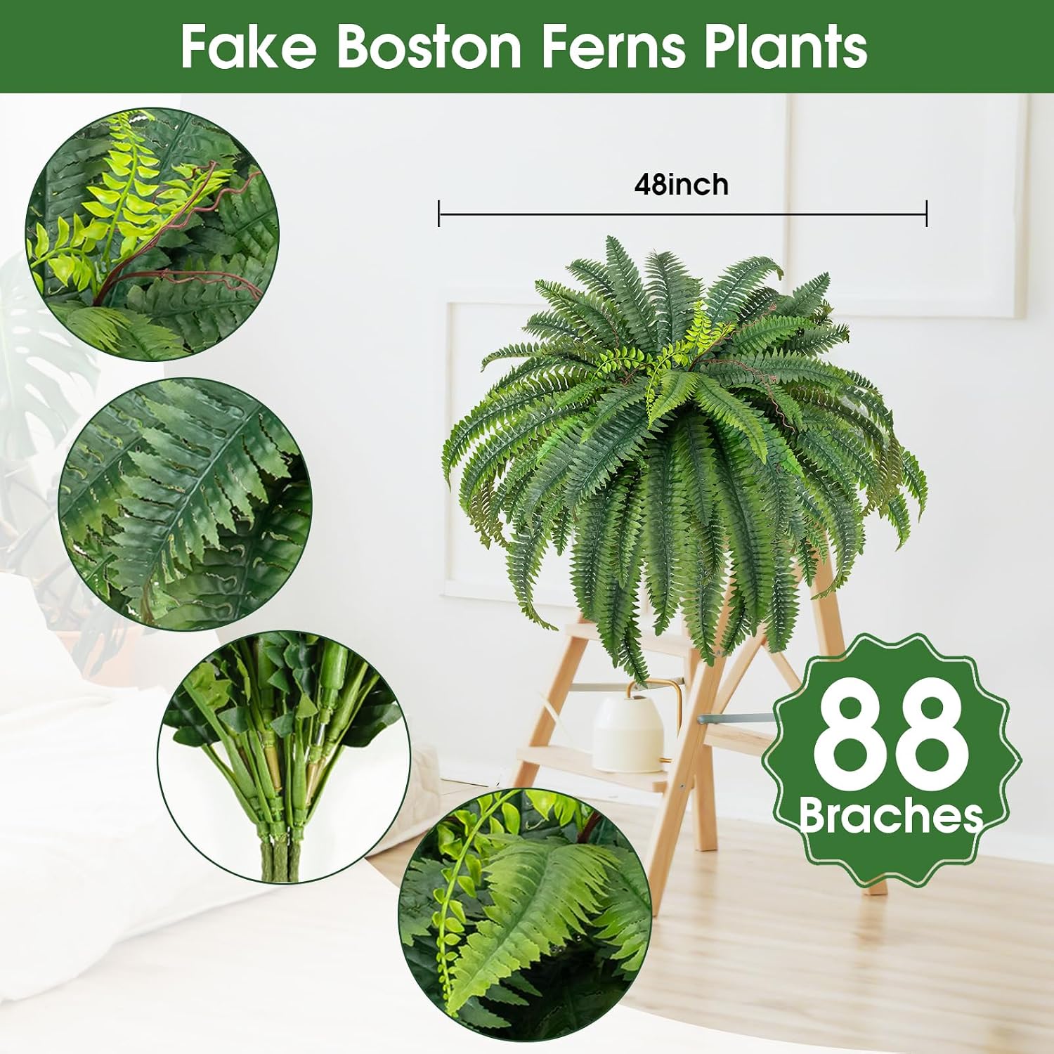 AUCT 18468 - 48" Large Fake Fern Artificial Ferns for Outdoors,Set of 2 88 Fronds Realistic Artificial - Image 3