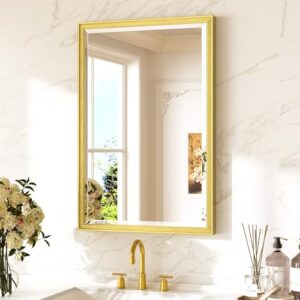 AUCT 19174m - Keonjinn 20" x 30" Gold Bathroom Mirror for Over Sink, Aluminum Alloy Frame