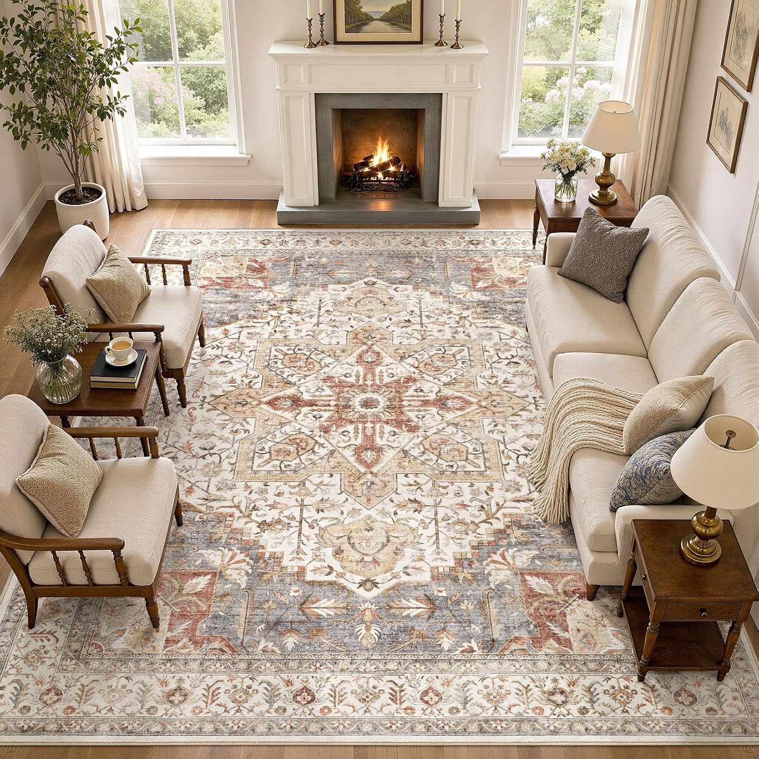 AUCT 18494 - $240 Tortania Area Rug Living Room Rugs - 12x15 Washable Boho Rug Vintage Oriental Distres