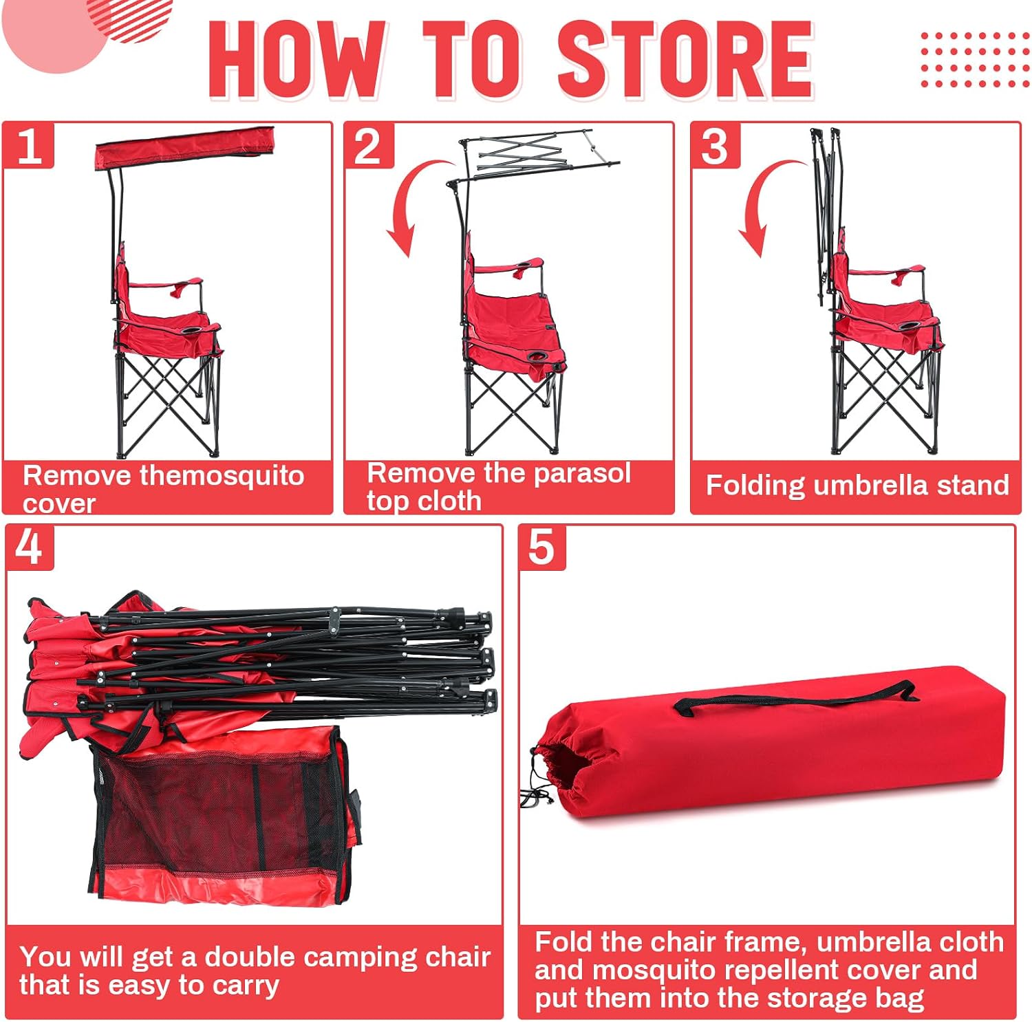 AUCT 17794 - $67 Double Camping Chair with Shade Canopy, 2 Person Beach Chair with Cup Holder Carrying - Image 4