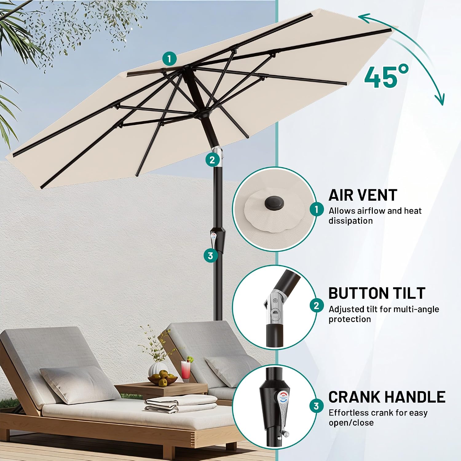 AUCT 17696 - $51 9 FT Patio Umbrella for Outdoor, Outdoor Table Umbrella with Push Button Tilt and Cran - Image 4