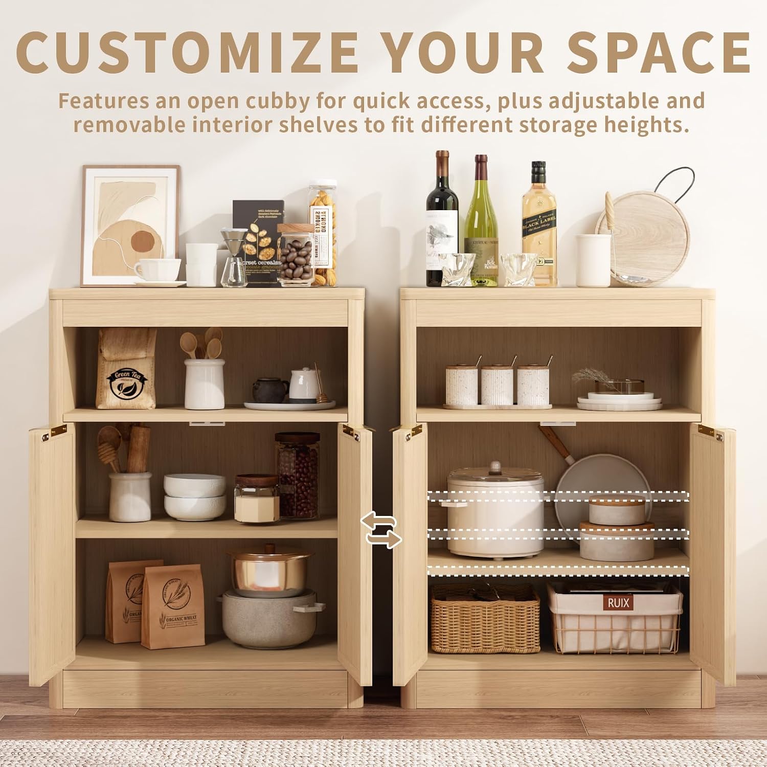 AUCT 18409 - $90 Fluted Buffet Cabinet with Storage, Small Coffee Bar Cabinet with Doors & Adjustable S - Image 3