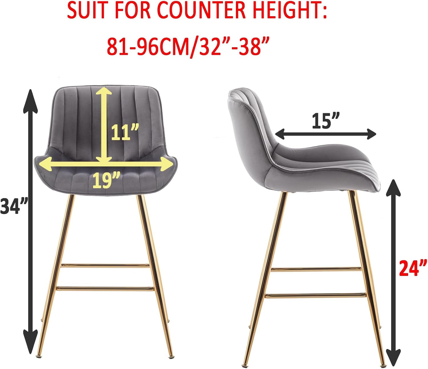 AUCT 18484 - $170 Sidanli Gold Bar Stools, 24" Velvet Barstools, Kitchen Chairs Set of 2 for Counter He - Image 3